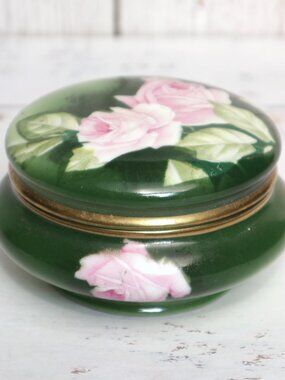 Vintage Rosenthal Porcelain Lidded Dish Green Pink Rose Hand Painted Signed